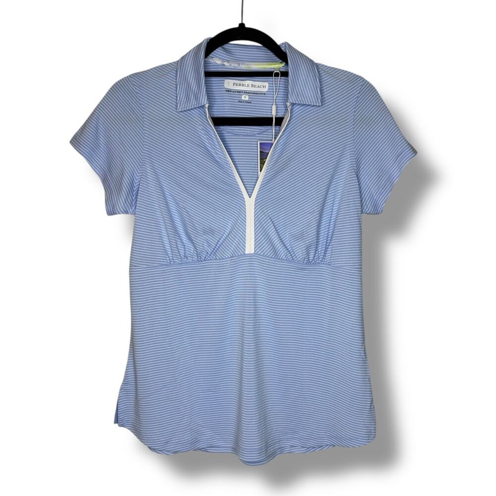 NWT Pebble Beach Performance Womens Small Golf Polo Shirt Blue Striped V Neck